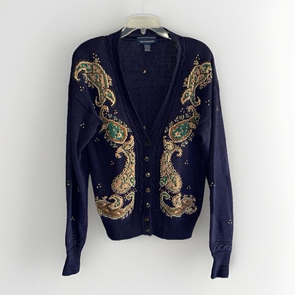Vtg Herman Geist Embroidered Sweater Cardigan Cotton Linen Granny Cottage Medium - Picture 1 of 15